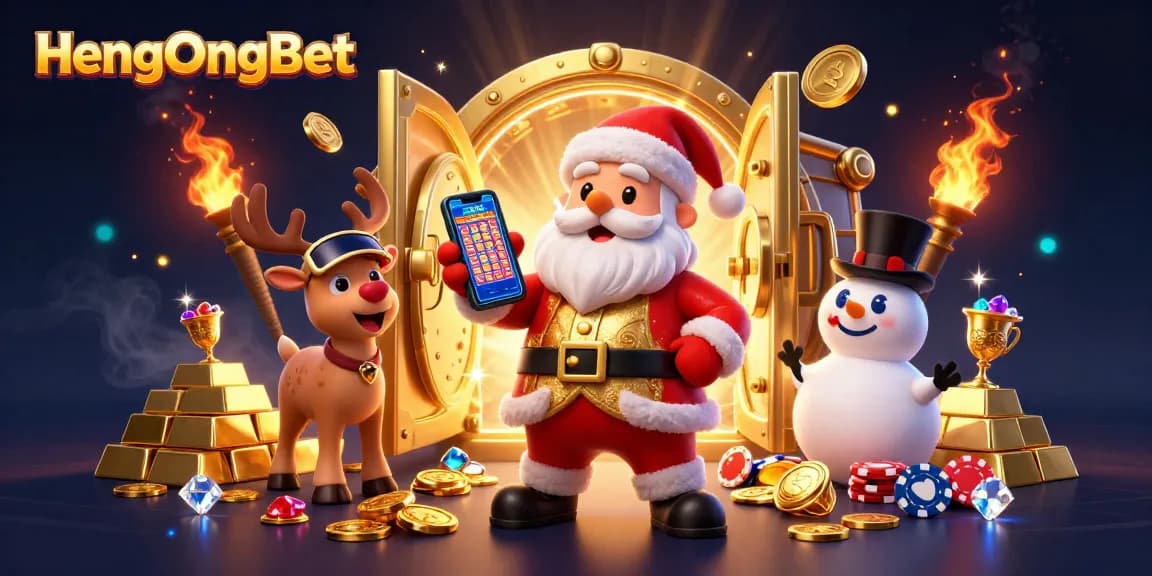 HengOngBet showcasing a vibrant casino scene with festive characters and dynamic slot action.