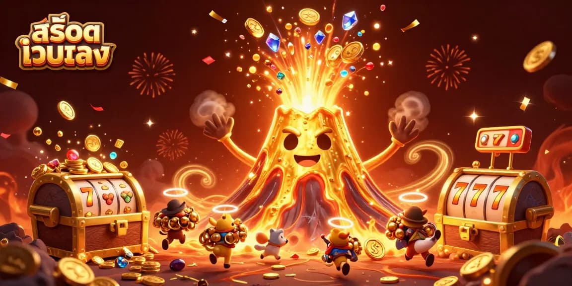 Winning with สล็อตเว็บตรง in a vibrant 3D illustration filled with treasure and exciting casino elements.