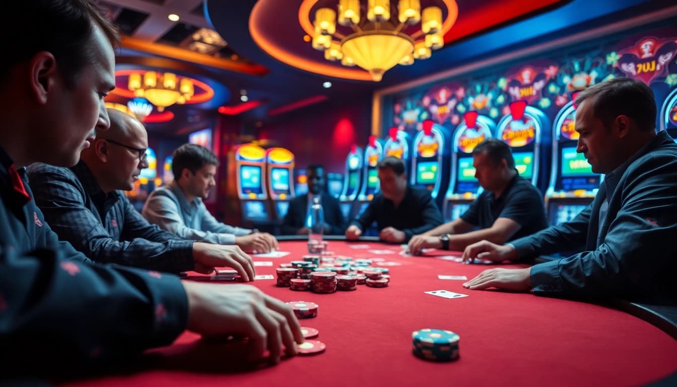 Permainan menarik di xgslot88 dengan meja poker dan pemain yang intens.