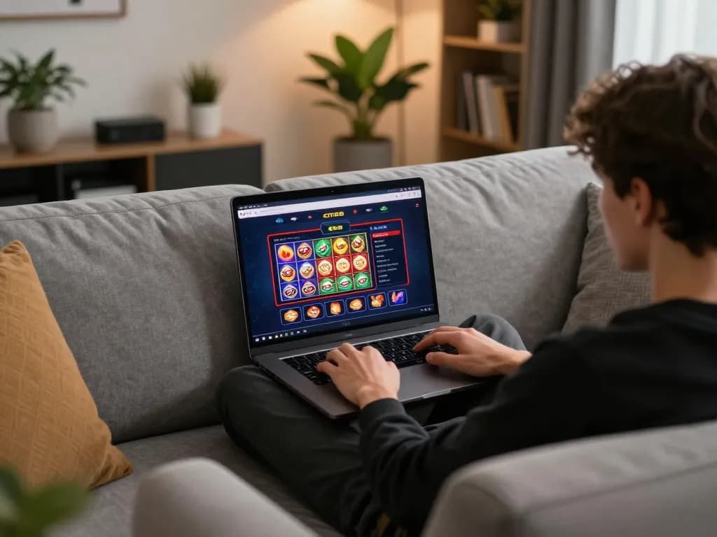 Engaging moment of a user playing cm88 slots on a laptop in a stylish home setting