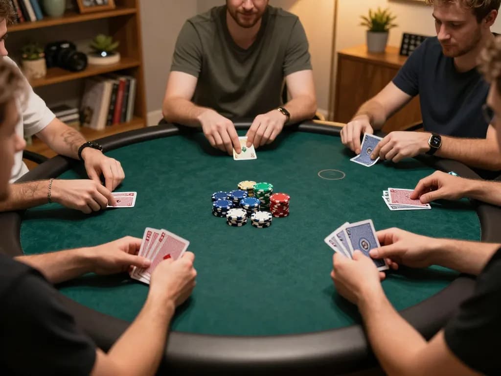 Players actively engaging in a poker game at home showcasing gameplay on 7-hd.