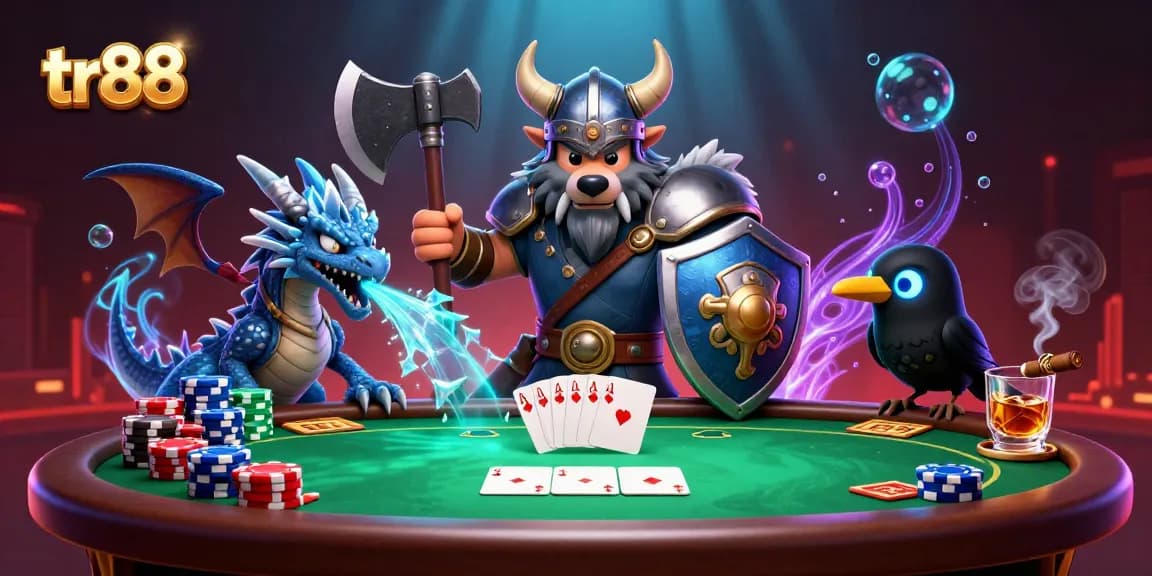 Engage with TR88 as the Viking wolf warrior and dragon charm the poker table in this vibrant scene.