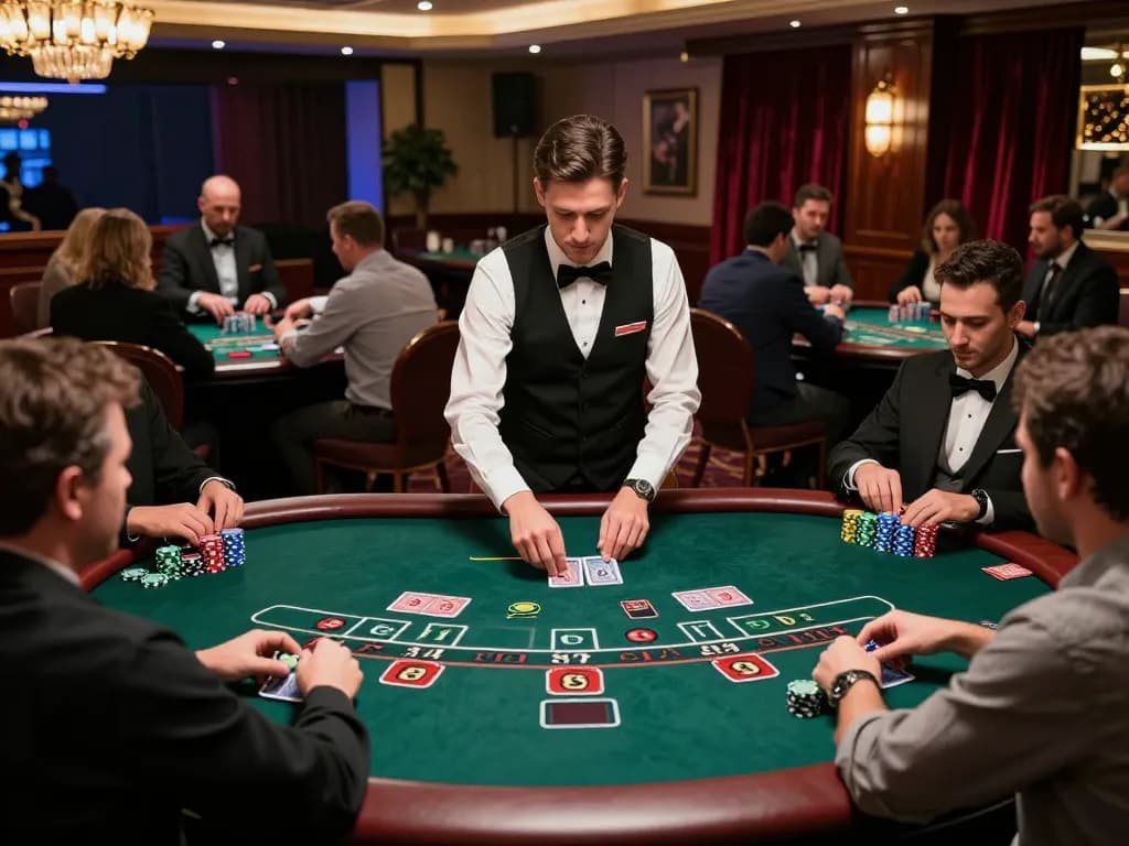 Players enjoying blackjack at Go88 live casino, focusing on gameplay with an attentive dealer in a luxurious setting.