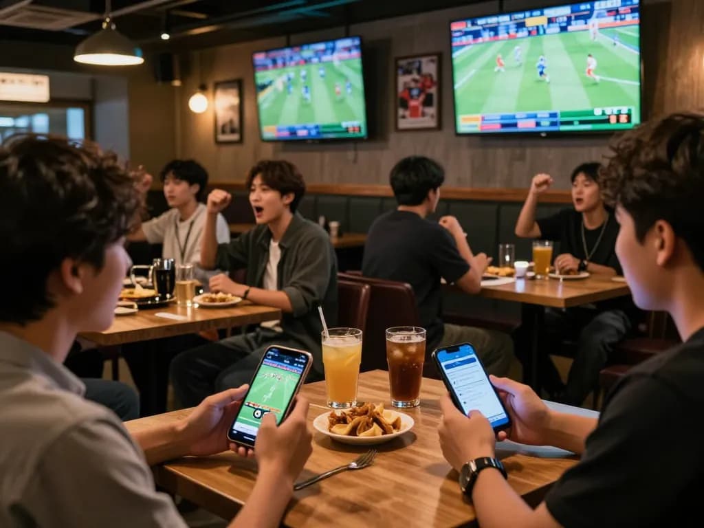 Engaging in sports betting with kèo nhà cái updates visible on mobile app in a lively bar setting