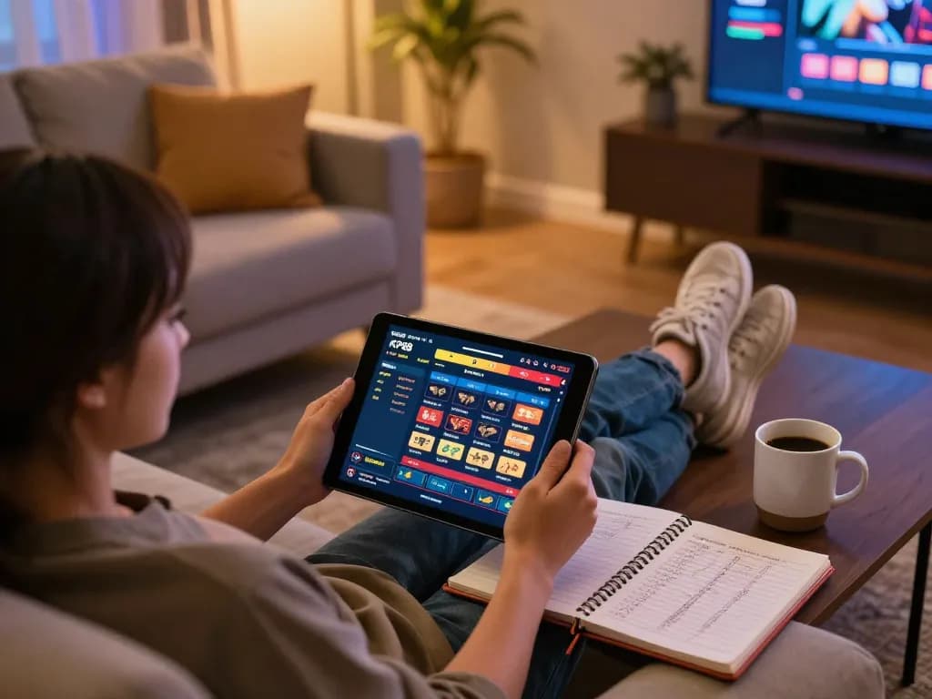 Person enjoying online casino gaming at kp88 trang chủ using a tablet for strategic betting.