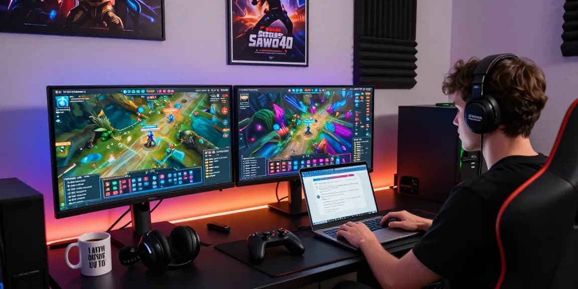 Gamer exploring Situs sawo4d on multiple screens in a vibrant setup
