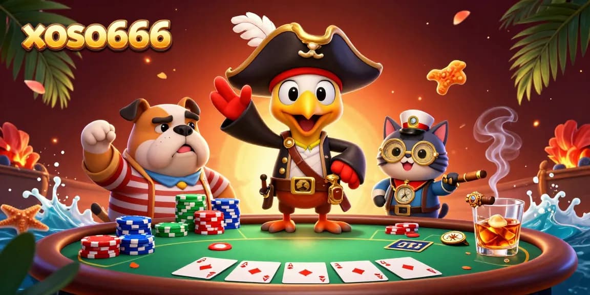 Engage in thrilling gameplay with xoso666, featuring a dynamic scene of pirates, poker, and vibrant casino elements.