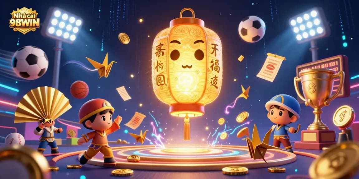 Experience the vibrant world of Nhà cái 98WIN with a dynamic casino scene featuring 3D characters and sports elements.