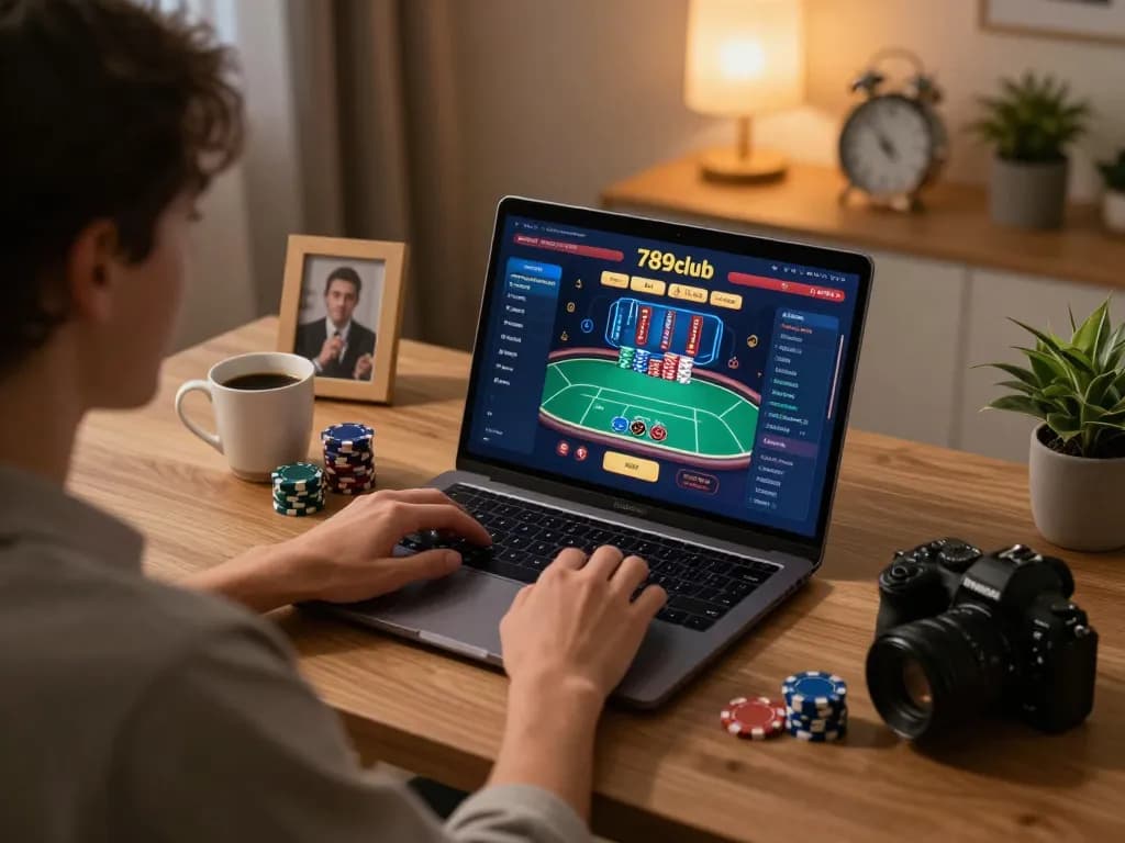 A player using 789club on a laptop at home, focusing on poker gameplay, cozy ambiance.