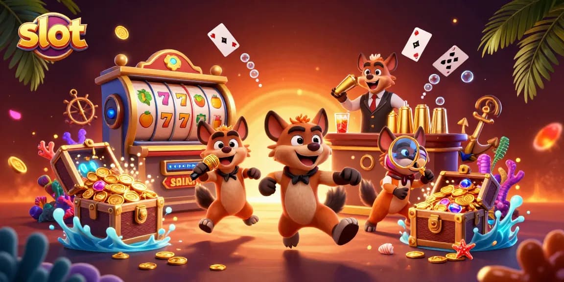Hyenas running a comedy casino club featuring slot reels and vibrant casino elements.