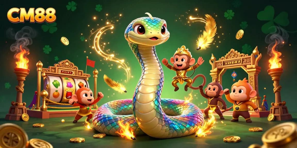 Engage with CM88's vibrant gambling scene featuring a rainbow serpent and monkey king intertwined with lively casino elements.