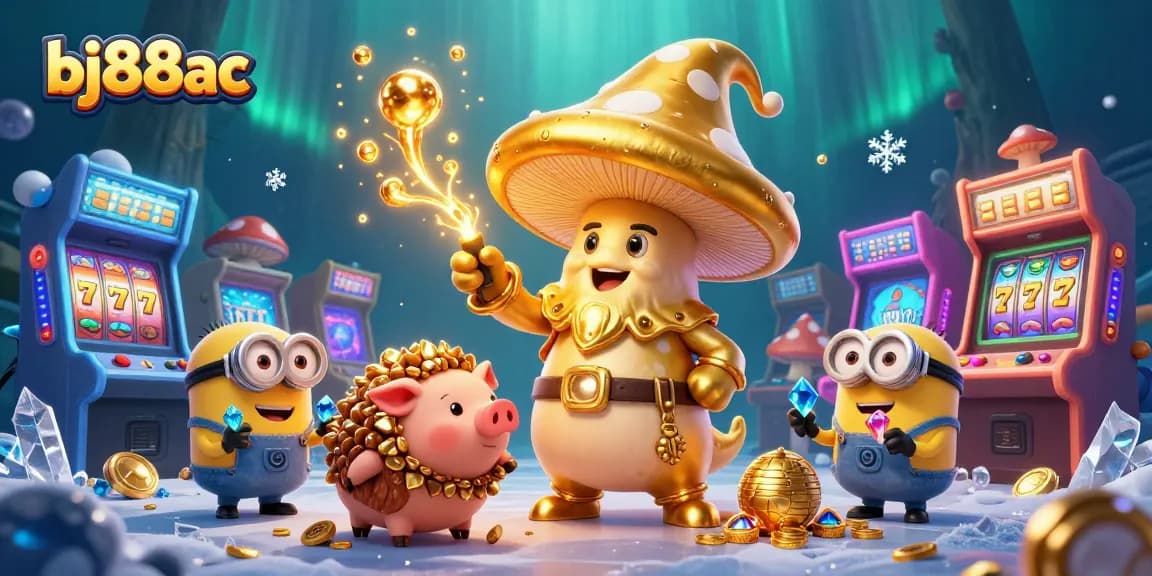 Win big with bj88ac at this vibrant casino scene with golden characters and colorful gaming machines.