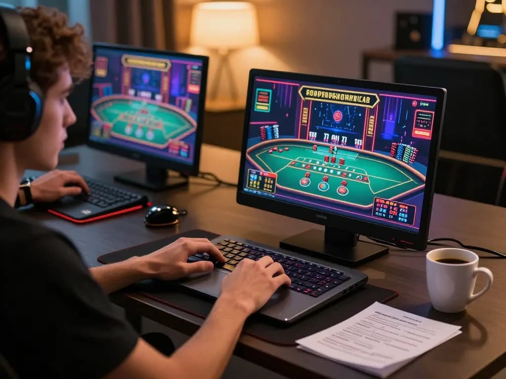 Engaging online gaming experience with Hay88, featuring a gamer strategizing at a laptop.