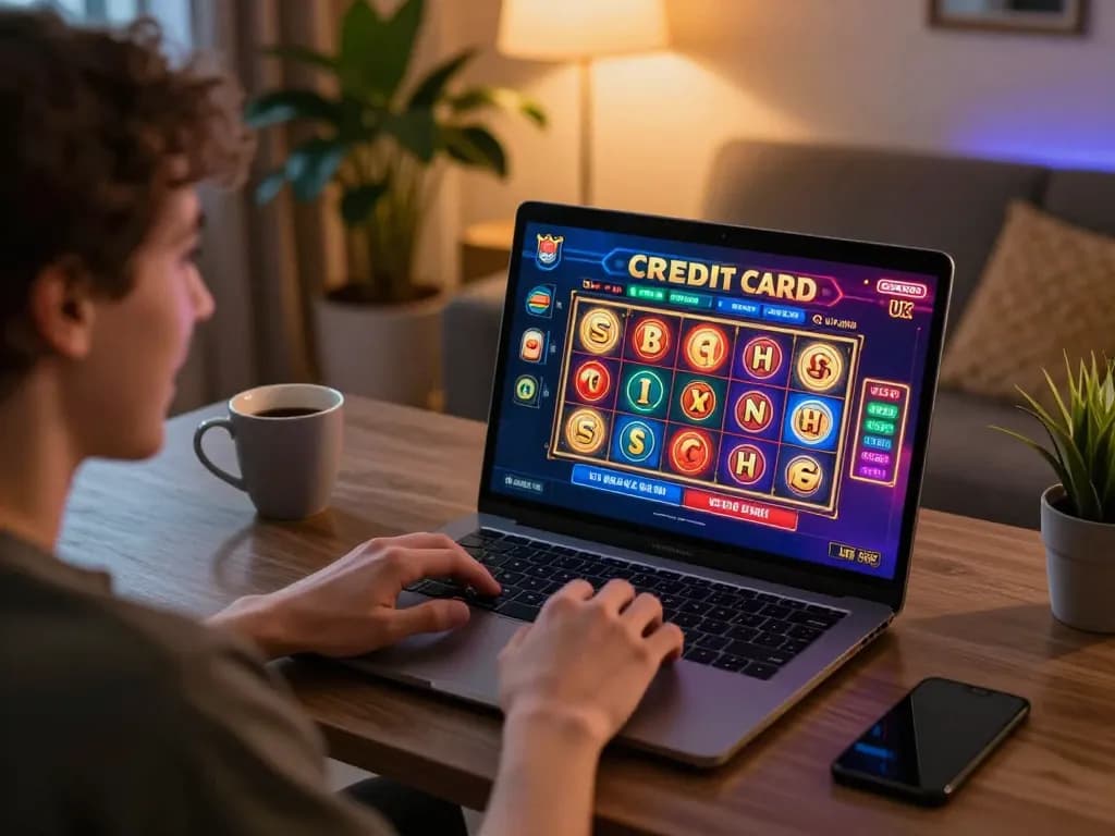 Engaged gamer exploring credit card casinos UK on laptop, showcasing vibrant slot game interface.