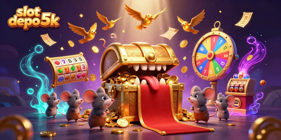 Mainkan slot depo 5k dengan peti harta karun dan simbol keberuntungan yang menarik, penuh ragam permainan.