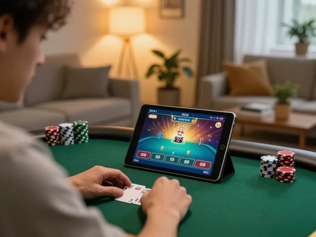 Engage in thrilling poker gameplay on 888vi while relaxing at home with tablet in hand.