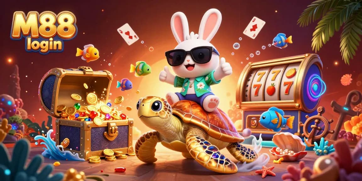 M88 login to vibrant gaming fun with a lucky rabbit and a turtle full of treasures.