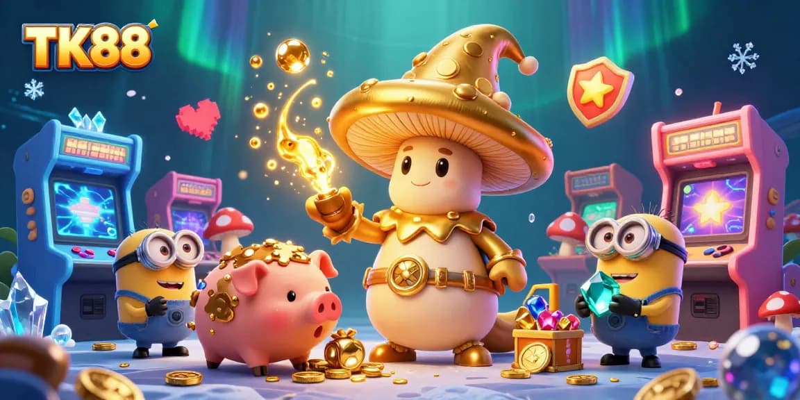 Participate in thrilling casino adventures with TK88's golden wizard, treasure-hunting pig, and magical gems!