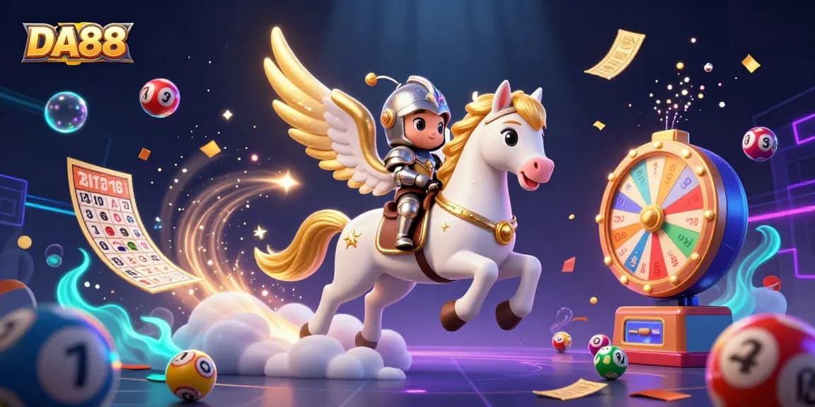 Engage with DA88's entertaining lottery experience featuring vibrant elements and a celestial theme.