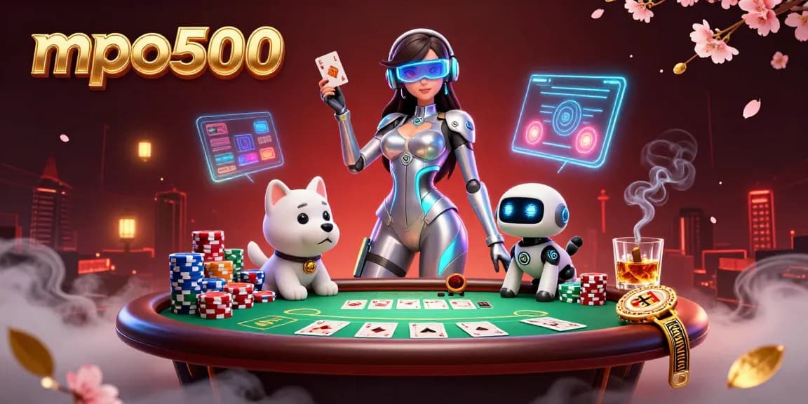 Engage in thrilling gameplay with mpo500, featuring a futuristic casino scene and vibrant poker elements.