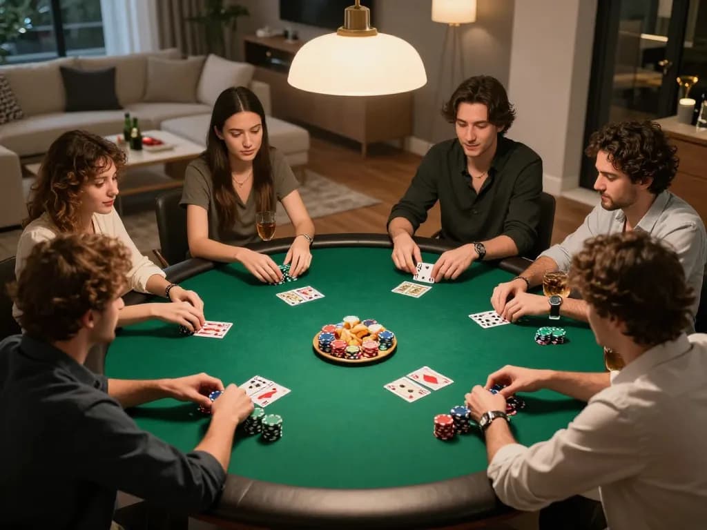 Friends strategizing a poker game at home with mb66 gameplay features visible, creating a lively atmosphere.