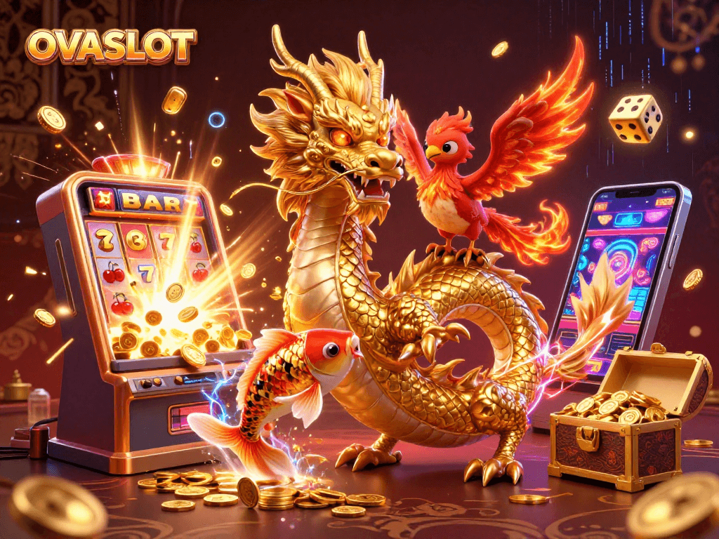 Explore the vibrant world of OVASLOT’s thrilling games with a dynamic casino scene