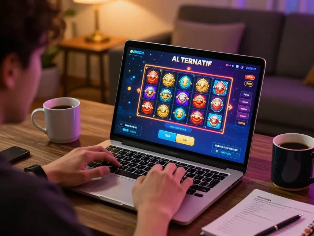 IDNSCORE ALTERNATIF: Engaged player enjoying slot gameplay on a laptop in a cozy home setting