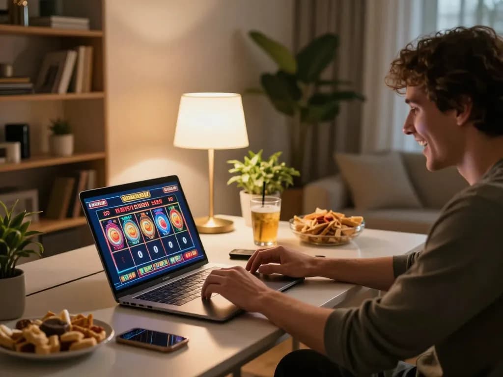 Engaged player using lucks8 for online slots gaming, showing excitement with reels aligning.