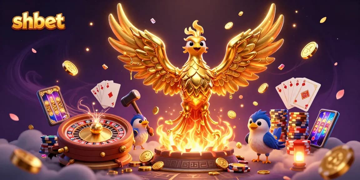 Bet on shbet with a golden phoenix rising from coins in a vibrant casino scene.