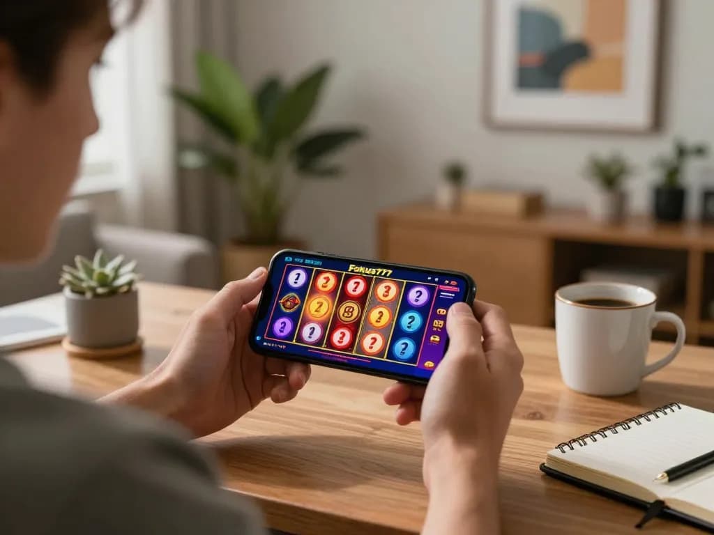 Player engaging with the Fokus777 app for an exciting online slot game experience at home.