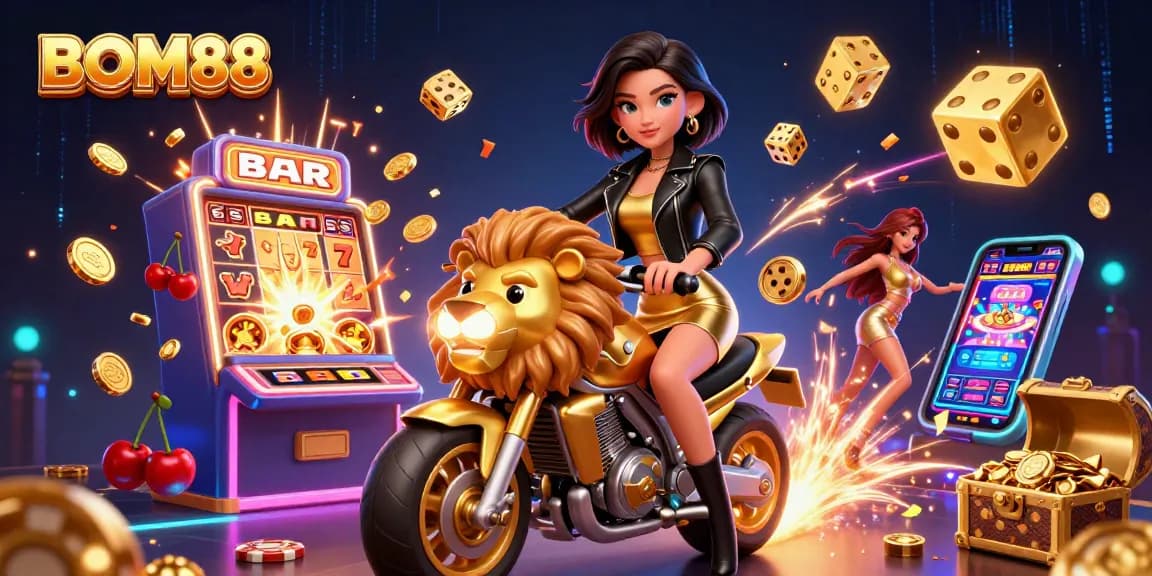 BOM88 showcases a vibrant scene with a glamorous woman on a golden lion mascot amidst casino excitement.