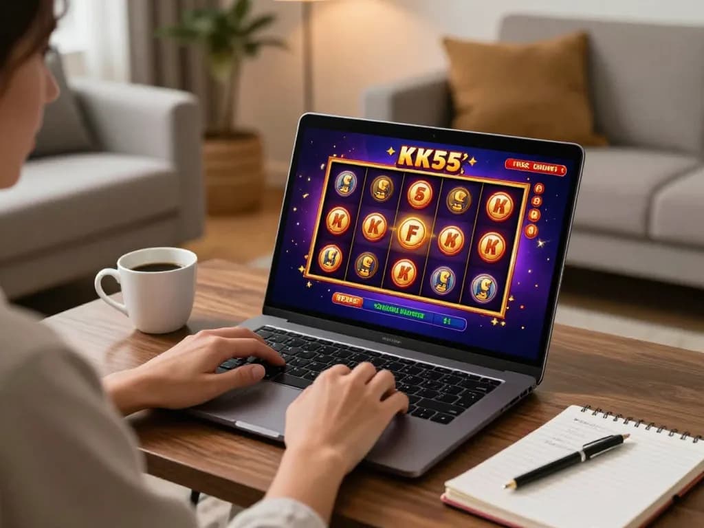 Player enjoying an engaging KK55 online slot game while exploring winning strategies at home.