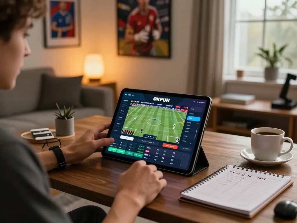Engaging with the OKFUN app on a tablet for strategic sports betting.