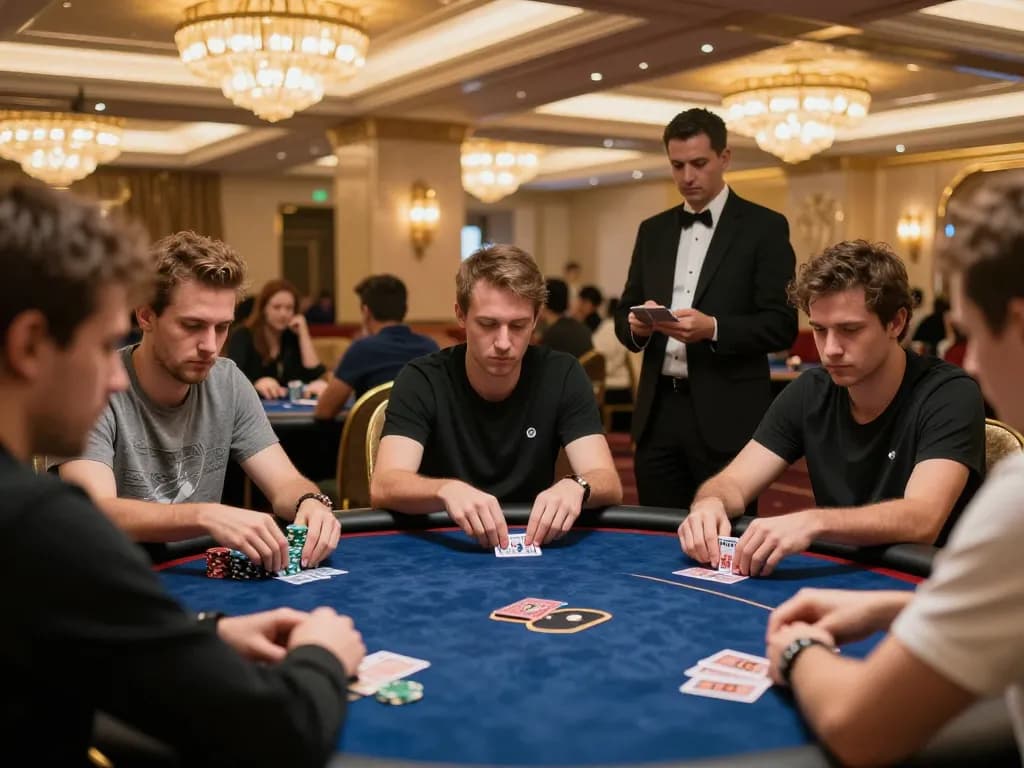 Players engaged in a tense poker game at LGOSUPER casino, showcasing strategy and excitement
