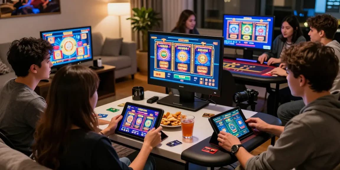 Exciting gaming atmosphere showcasing friends enjoying credit card casinos online with vibrant screens.