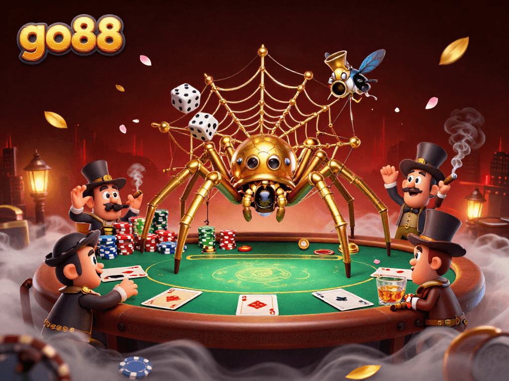 Experience the excitement of go88 with unique gaming elements, golden spider, and classic poker visuals.