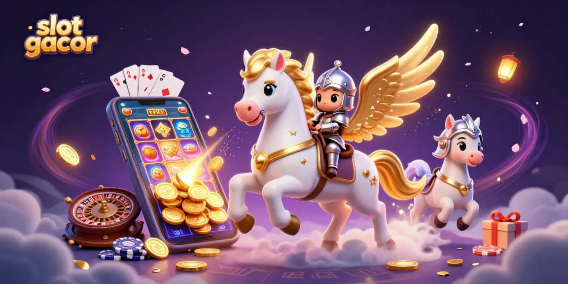 Experience exciting slot gacor gameplay with vibrant slot reels and coins erupting from a smartphone.