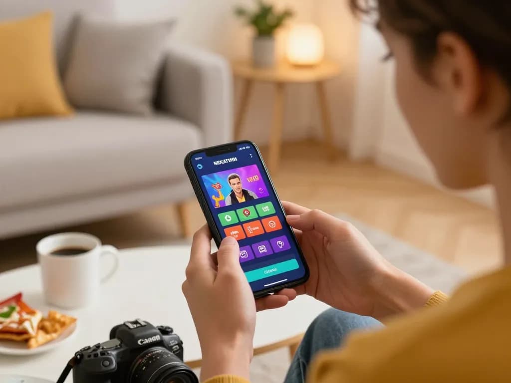 Engaging moment of mobile gaming with nekatwin daftar app on a smartphone, showcasing user excitement in comfortable home setting.