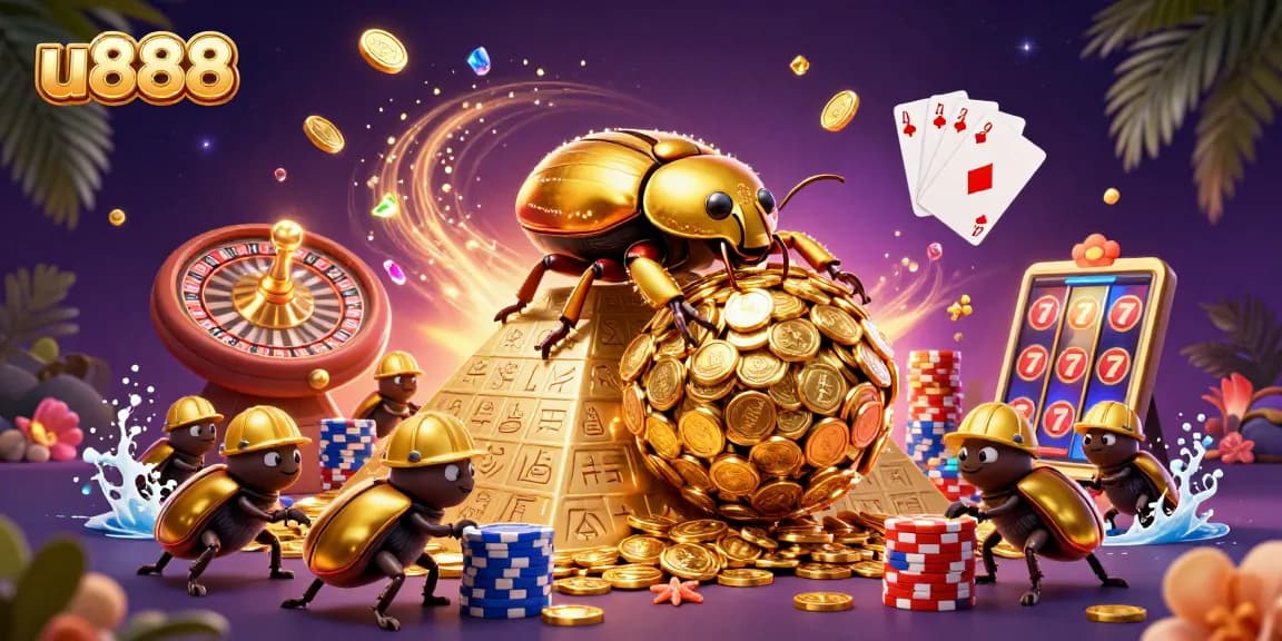 Experience thrilling gaming at u888 with a golden dung beetle and casino elements.