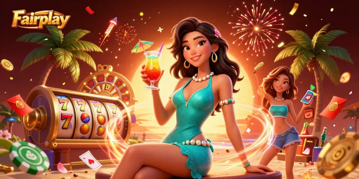 Engage with Fairplay in a vibrant casino scene featuring a glamorous character and festive elements.