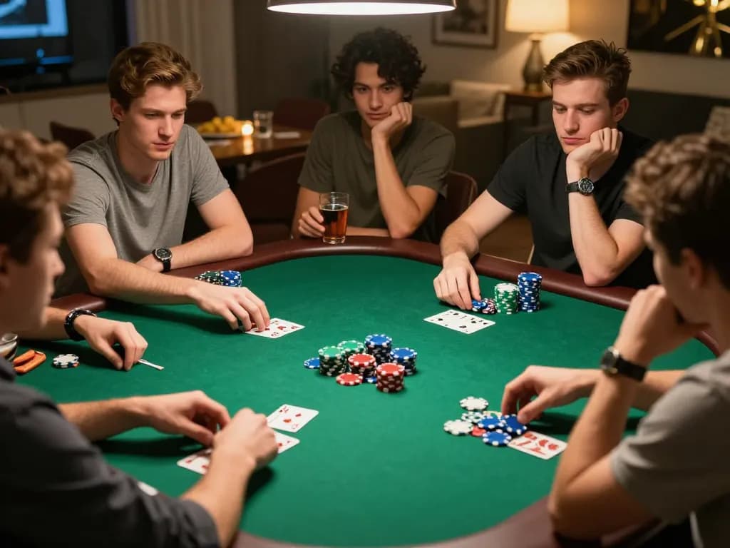 F8bet players strategizing during an exciting poker game at home.