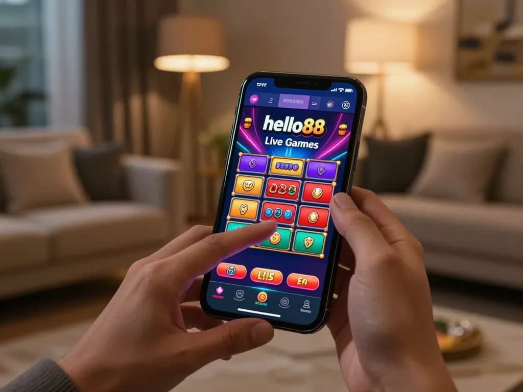 Hello88 mobile gaming app displaying live dealer games in a stylish home setup.