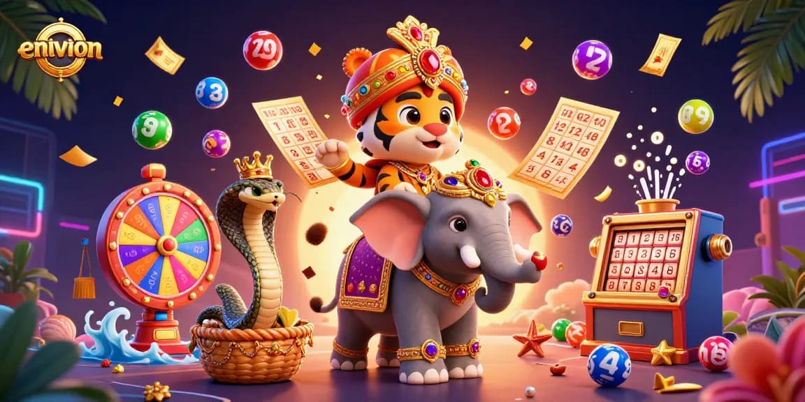 Experience the excitement of environ's online casinos with a vibrant 3D tiger and elephant scene.