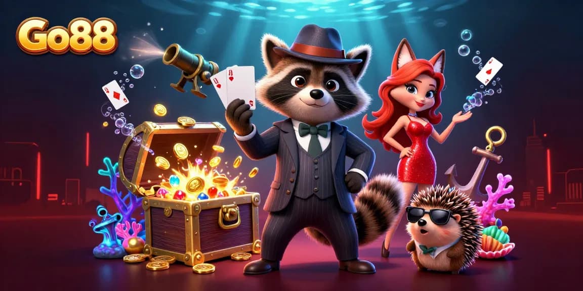 Win big with Go88: A whimsical casino scene featuring characters and vibrant game elements.