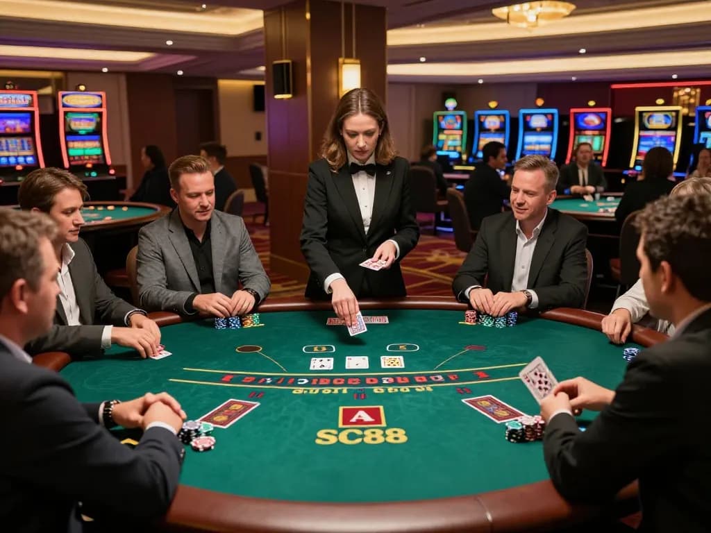 Players engaging in a thrilling live dealer game at SC88 casino's blackjack table