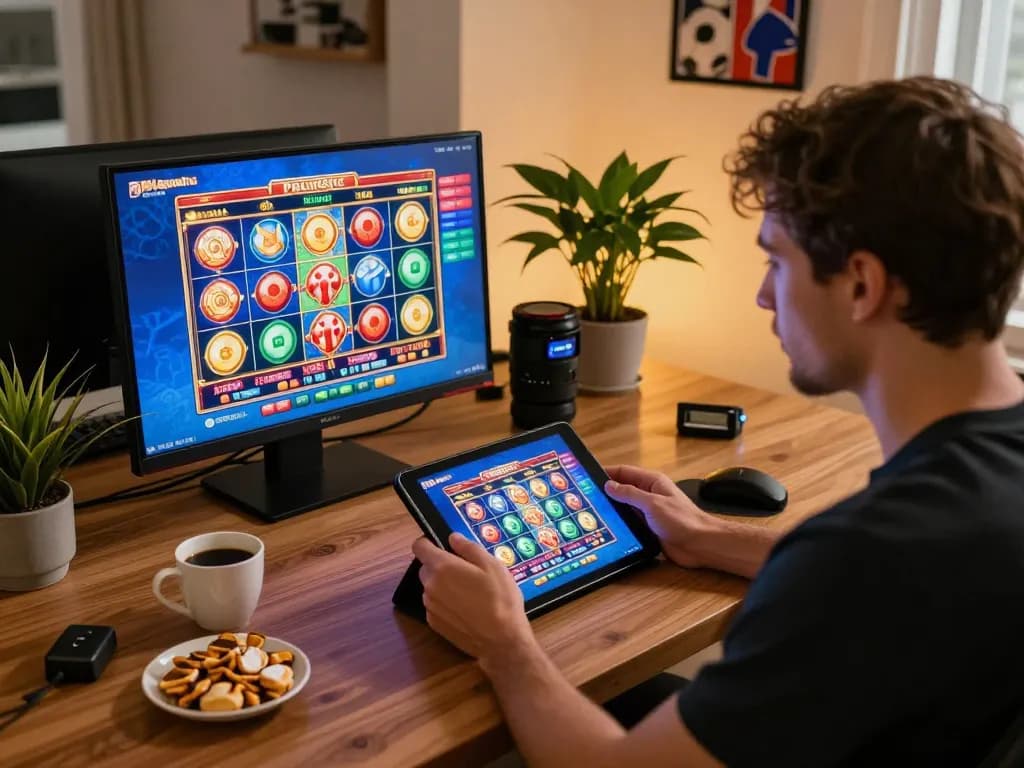 Engaging gaming moment with Pragmatic Slot interface shown on tablet in a cozy home setting, highlighting online gambling.