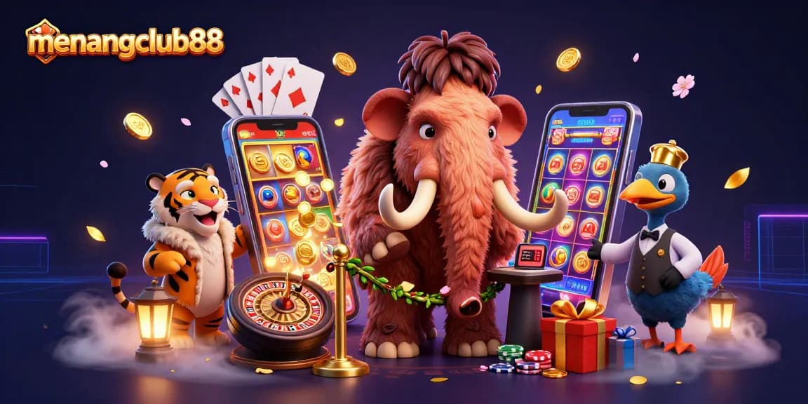 Experience thrilling gameplay with menangclub88 featuring vibrant slot spins and charming casino characters.