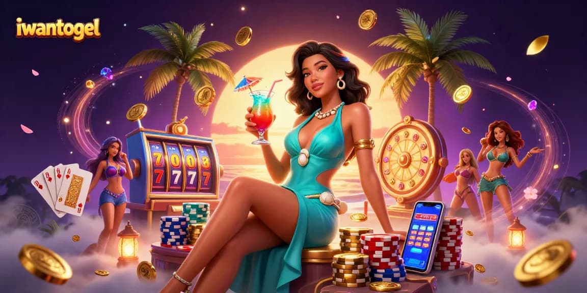 Iwantogel showcases a glamorous scene with a beautiful woman holding a tropical drink surrounded by dynamic casino elements.