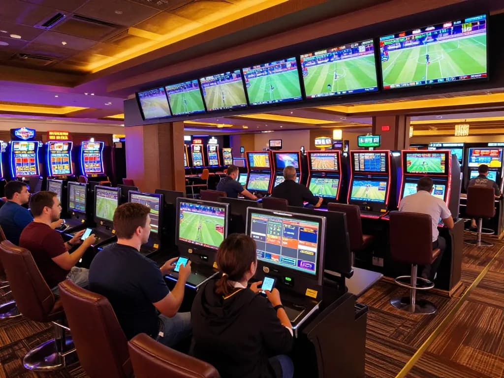Engaging sports bettors analyzing odds at tg88 sportsbook in a modern casino.