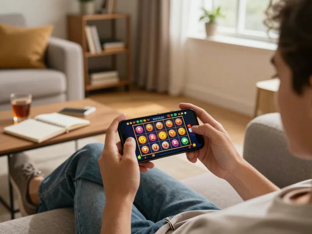 NAGA2000 mobile gaming session showing lively slot game action on a smartphone set in a cozy home environment.